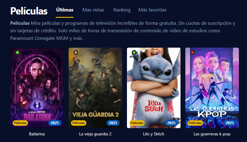 Captura de pantalla de la interfaz de usuario de Pelispedia mostrando una colecci&oacute;n de pel&iacute;culas y series en alta definici&oacute;n.